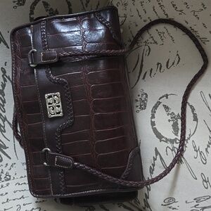 BUENO FAUX CROC SATCHEL HANDBAG BROWN/BURGUNDY W/LEATHER BRAIDED STRAPS in GUC